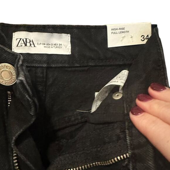 NWT ZARA Black Denim High Rise Ripped Distressed Wide Leg Full Length Jeans 2 - Picture 3 of 10